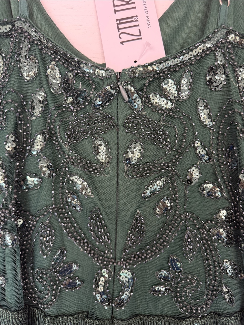 🪩NWT Embellished Emerald Green Fringe Slip Dress - Picture 3 of 5